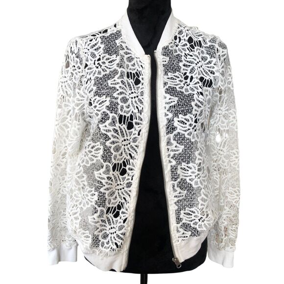 Caution to the Wind Romantic Fairy Sheer Lace Zipper Front 2 Pocket Jacket Top M - Picture 1 of 15